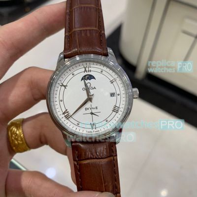 Replica Omega De Ville White Moonphase Dial Silver Bezel Leather Strap 40mm